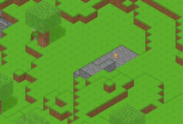Without cutaway: the character inside an underground chamber is hidden by terrain
