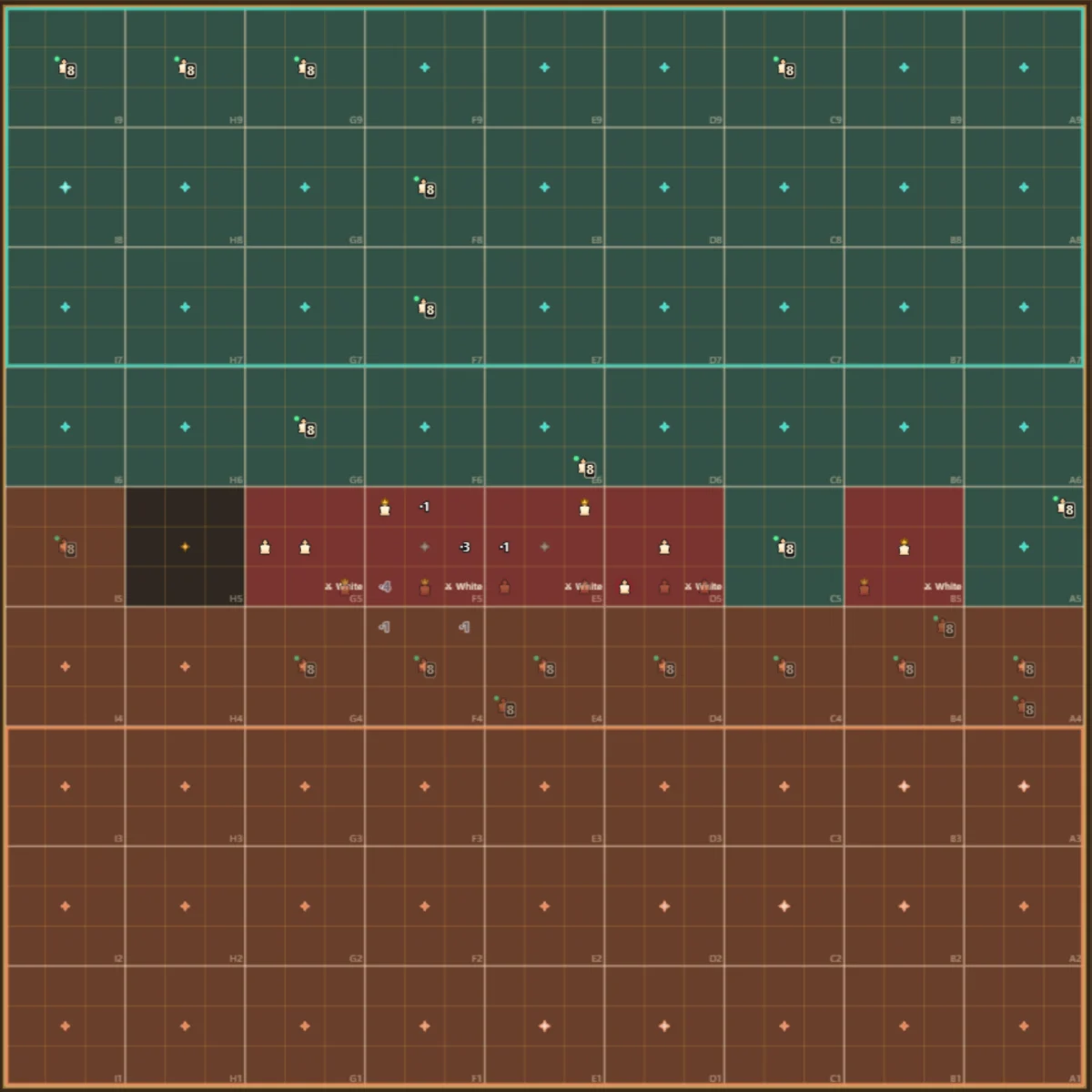 Wargame Chess campaign map: two territories, a contested front line and five active battle sectors